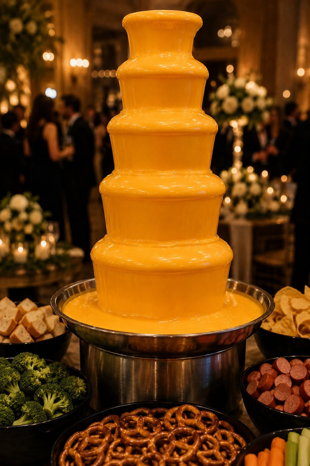 Cascada de cheddar Chocomami fluyendo en un evento