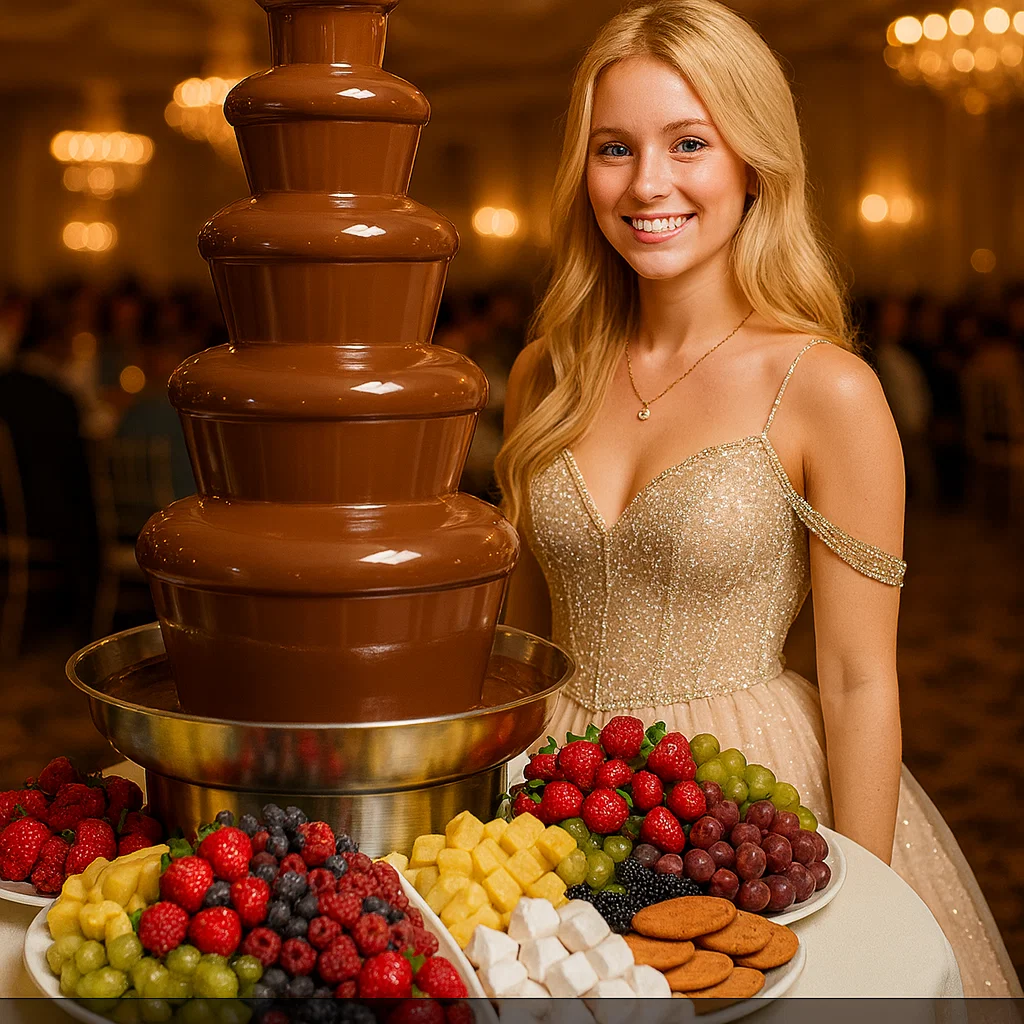 Quinceañera junto a la cascada de chocolate Chocomami